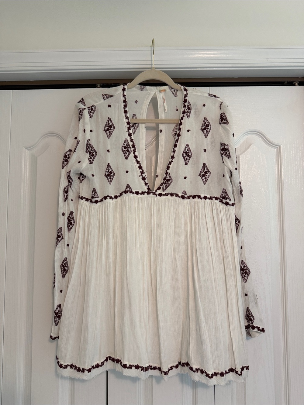 Free People Cream Tunic with Burgundy Diamond Embroidery